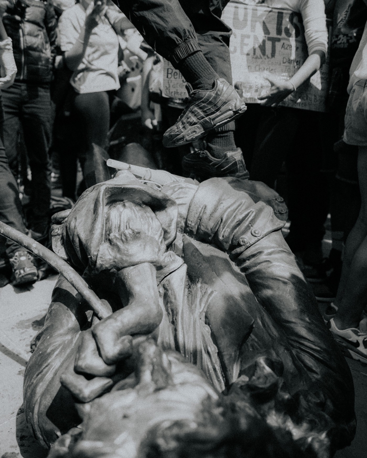 Peoplem  stood around Colston statue at Bristol BLM Protests