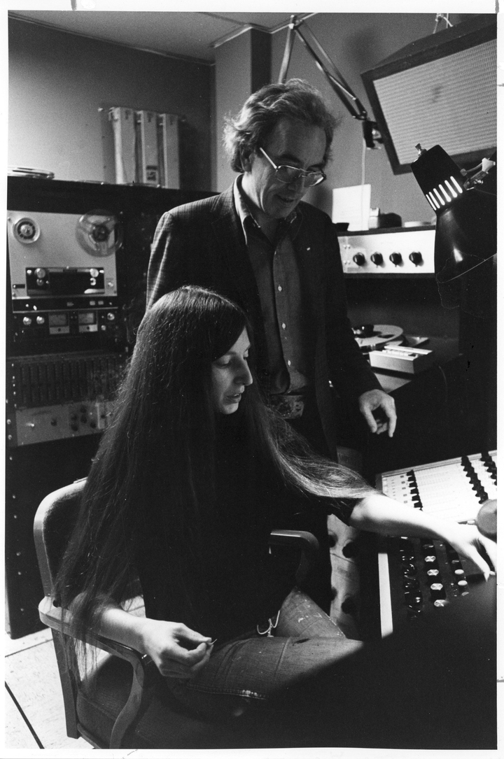 Credit: Robert Ashley and Maggi Payne in Mills’ recording studio mid-1970s.