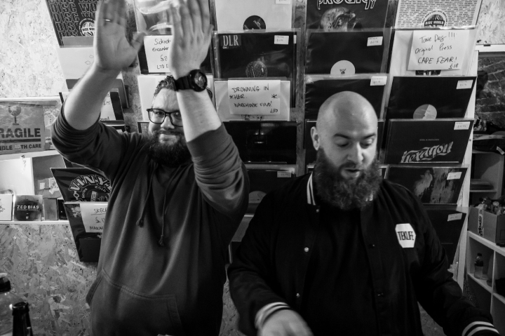 Black and white photo Dr Dubplate in shop 